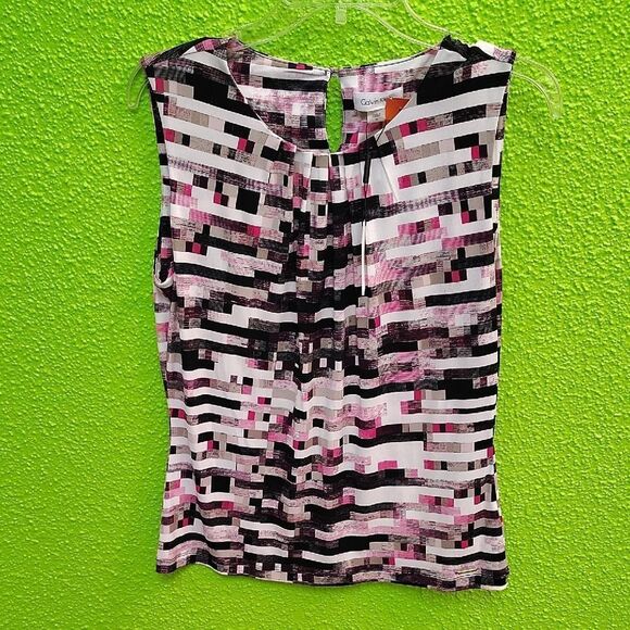 Calvin Klein Black and White Fitted Sleeveless Blouse with Graphic Design - Picture 1 of 5